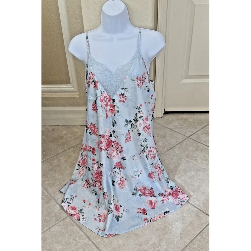 Flora Nikrooz Slip Dress Satin Lace Y2K Lingerie Core Coquette Blue Floral Sz XL